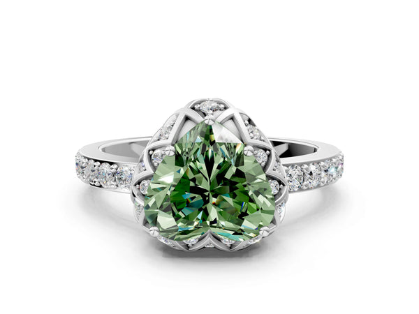 Platinum Fancy Green Heart  Diamond Solitaire Ring with Shared Prong Pavé Band