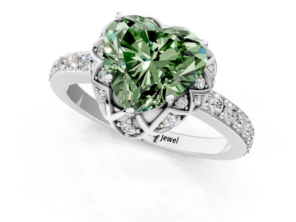 Platinum Fancy Green Heart  Diamond Solitaire Ring with Shared Prong Pavé Band