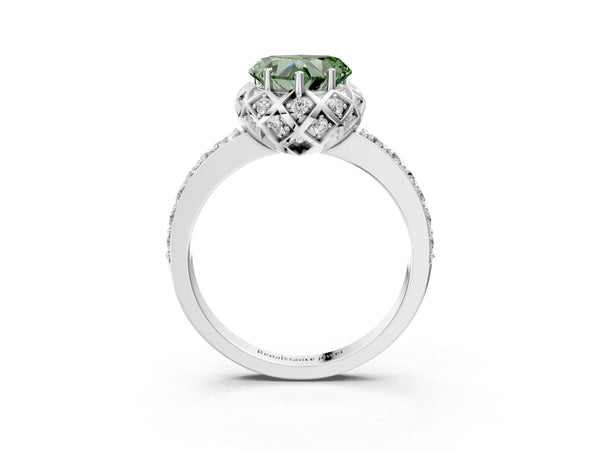 Platinum Fancy Green Heart  Diamond Solitaire Ring with Shared Prong Pavé Band