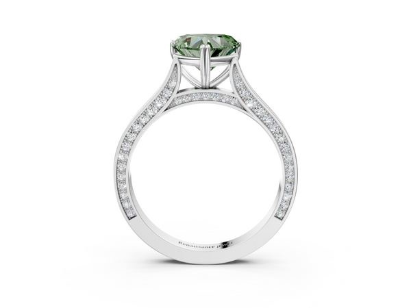 White gold Fancy Green Heart  Diamond Solitaire with Pave Band and Six-Prong Setting