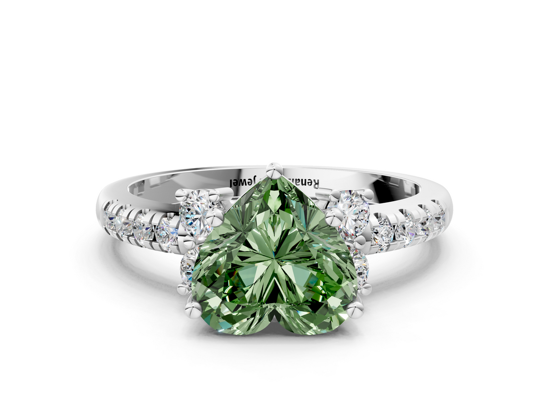 White gold Fancy Green Heart  Diamond Three-Stone Pave Band with Four-Prong Setting