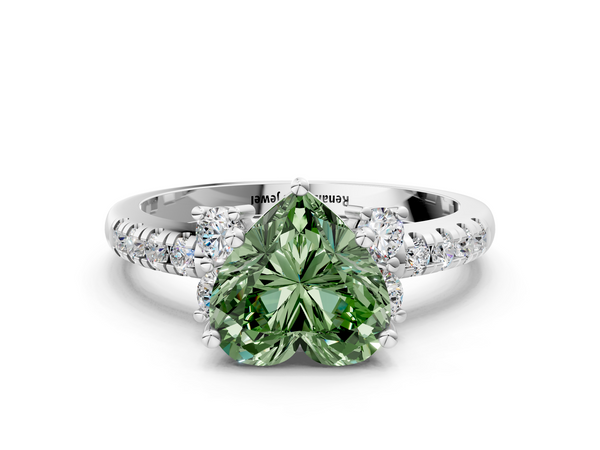 Platinum Fancy Green Heart  Diamond Three-Stone Pave Band with Four-Prong Setting