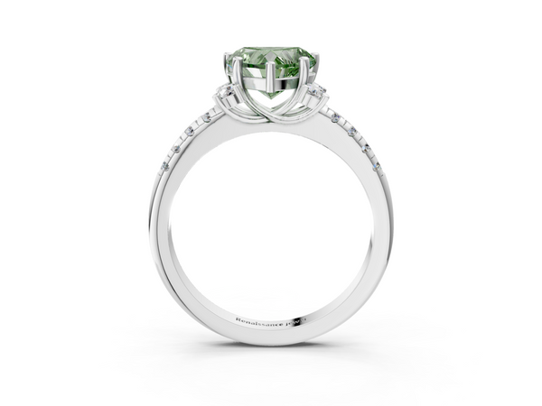 Platinum Fancy Green Heart  Diamond Three-Stone Pave Band with Four-Prong Setting