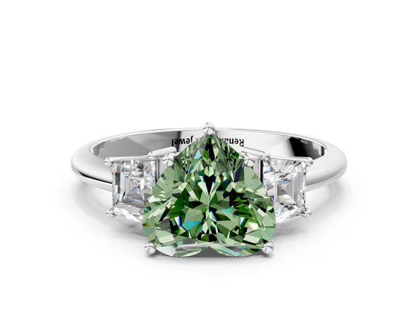Platinum Fancy Green Heart  Diamond Three-Stone Ring with Trapezoid Side Stones and Prong Setting