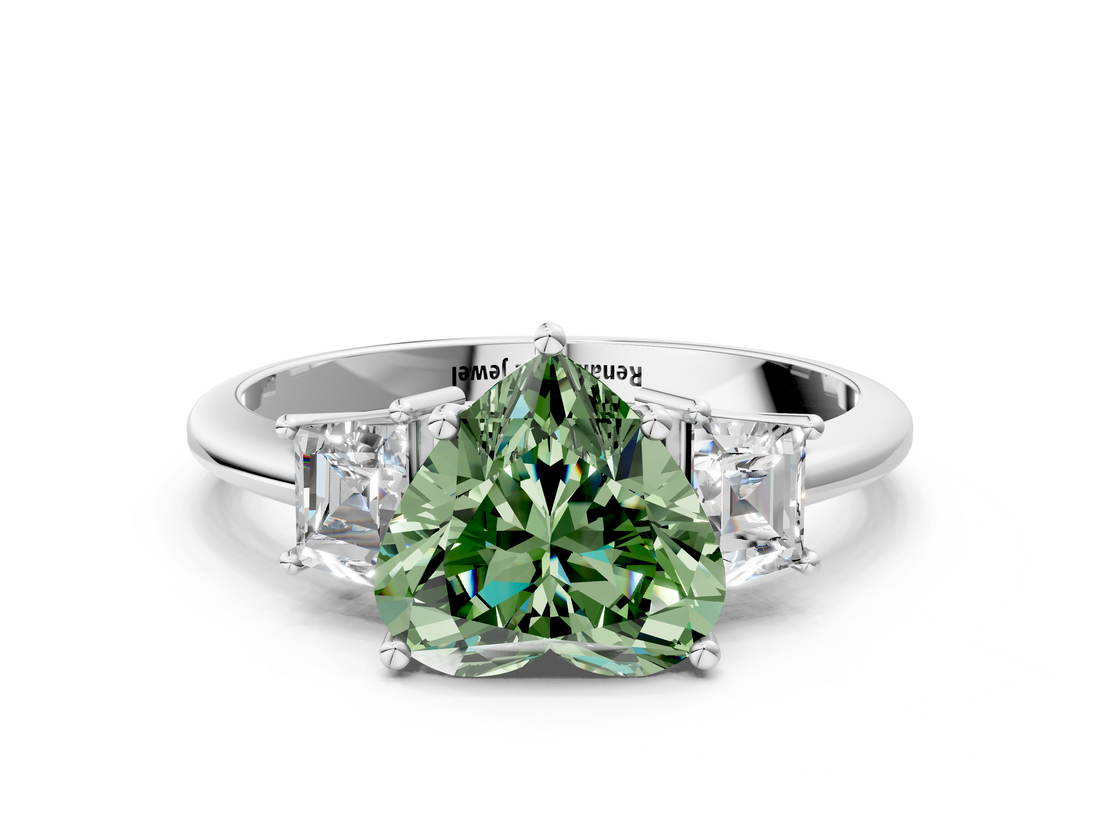 White gold Fancy Green Heart  Diamond Three-Stone Ring with Trapezoid Side Stones and Prong Setting