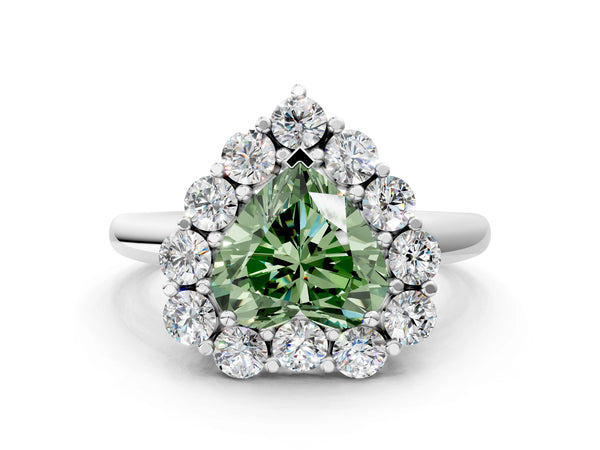 White gold Fancy Green Heart  Halo Cluster Diamond Engagement Ring with Prong Setting and Polished Band