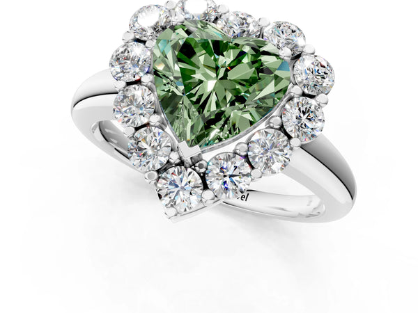 White gold Fancy Green Heart  Halo Cluster Diamond Engagement Ring with Prong Setting and Polished Band