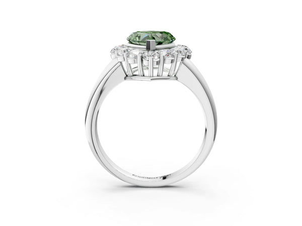 White gold Fancy Green Heart  Halo Cluster Diamond Engagement Ring with Prong Setting and Polished Band