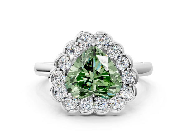 Platinum Fancy Green Heart  Halo Cluster Diamond Engagement Ring with Solitaire Band and Prong Setting