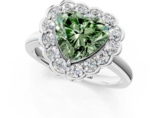Platinum Fancy Green Heart  Halo Cluster Diamond Engagement Ring with Solitaire Band and Prong Setting