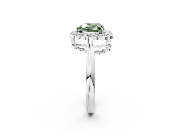 Platinum Fancy Green Heart  Halo Cluster Diamond Engagement Ring with Solitaire Band and Prong Setting