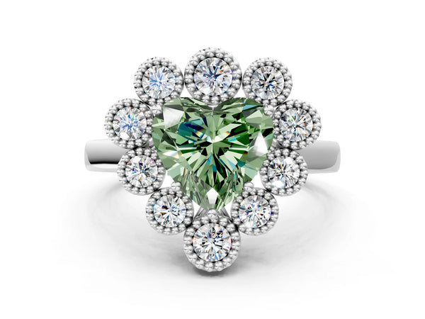 Platinum Fancy Green Heart  Halo Diamond Cluster Engagement Ring with Milgrain Bezel Setting and Solitaire Band