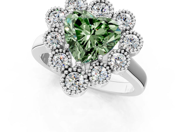 Platinum Fancy Green Heart  Halo Diamond Cluster Engagement Ring with Milgrain Bezel Setting and Solitaire Band
