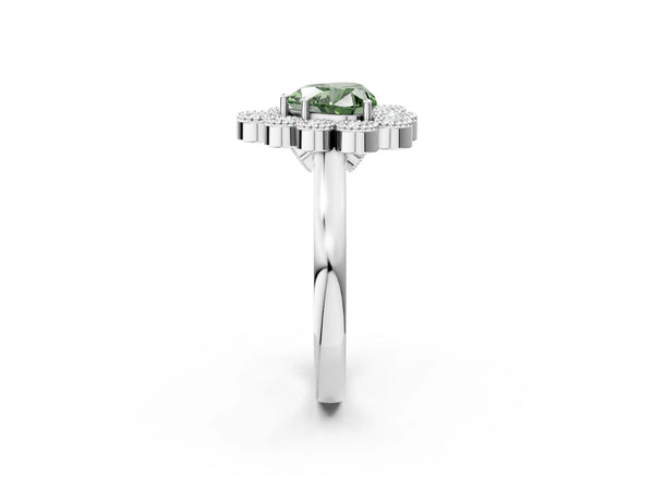 Platinum Fancy Green Heart  Halo Diamond Cluster Engagement Ring with Milgrain Bezel Setting and Solitaire Band