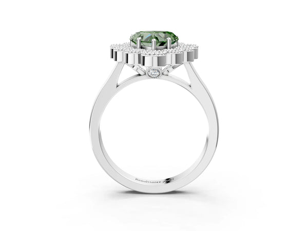 Platinum Fancy Green Heart  Halo Diamond Cluster Engagement Ring with Milgrain Bezel Setting and Solitaire Band