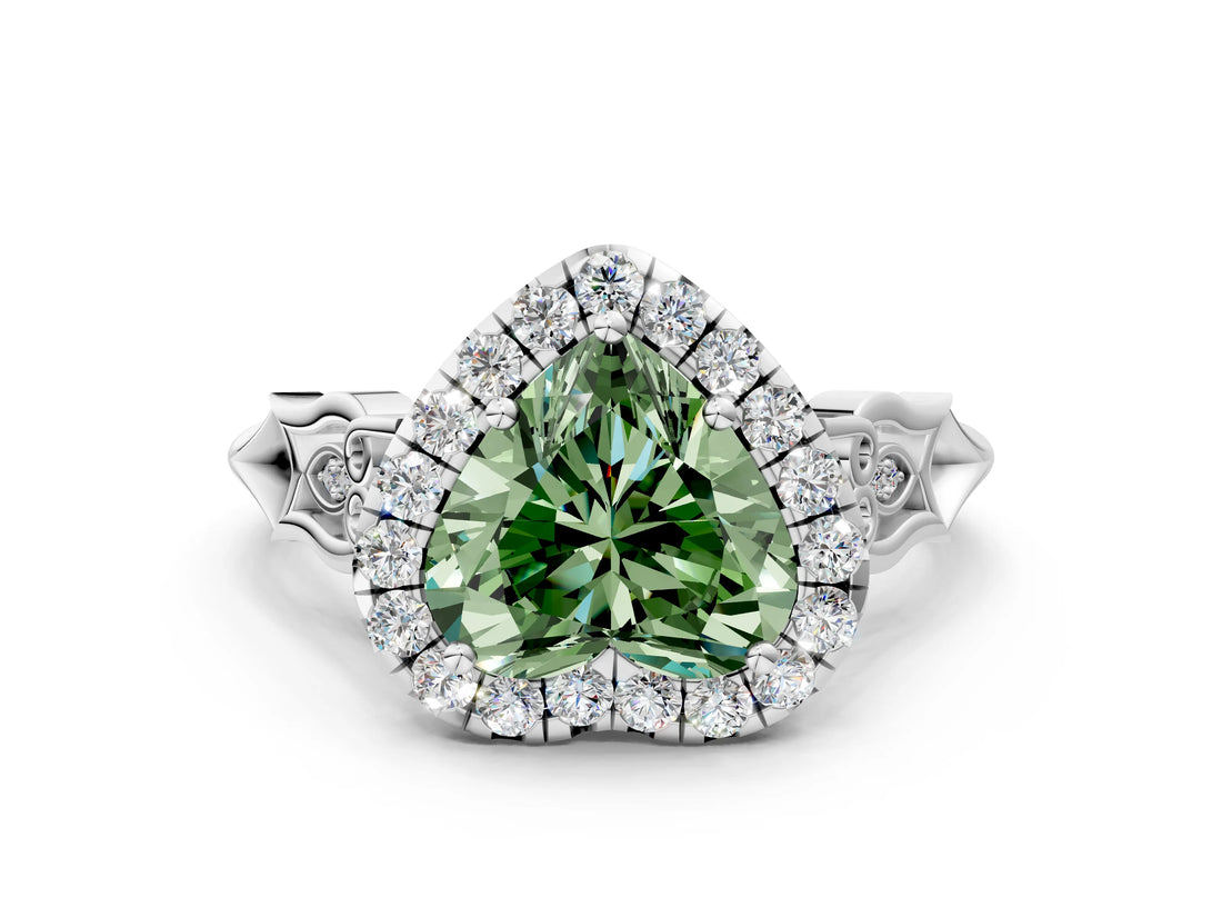 White gold Fancy Green Heart  Halo Diamond Engagement Ring with Filigree Band and Four-Prong Setting_111