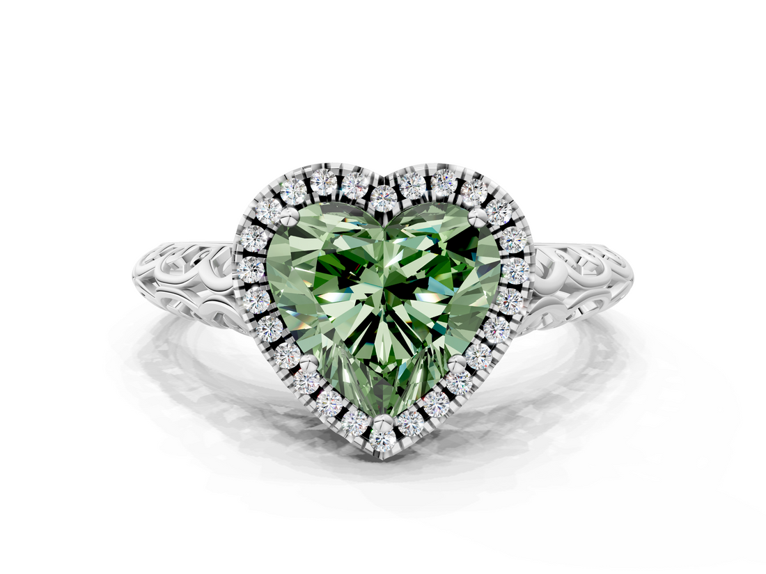 White gold Fancy Green Heart  Halo Diamond Engagement Ring with Intricate Filigree Band and Four-Prong Setting_17