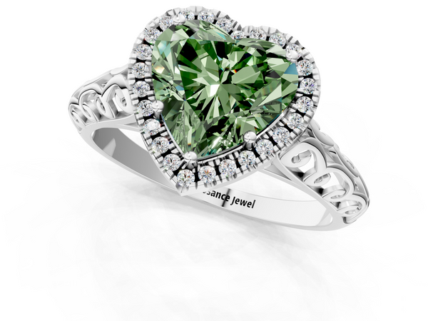 Platinum Fancy Green Heart  Halo Diamond Engagement Ring with Intricate Filigree Band and Four-Prong Setting