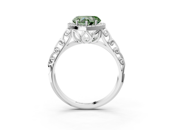 Platinum Fancy Green Heart  Halo Diamond Engagement Ring with Intricate Filigree Band and Four-Prong Setting