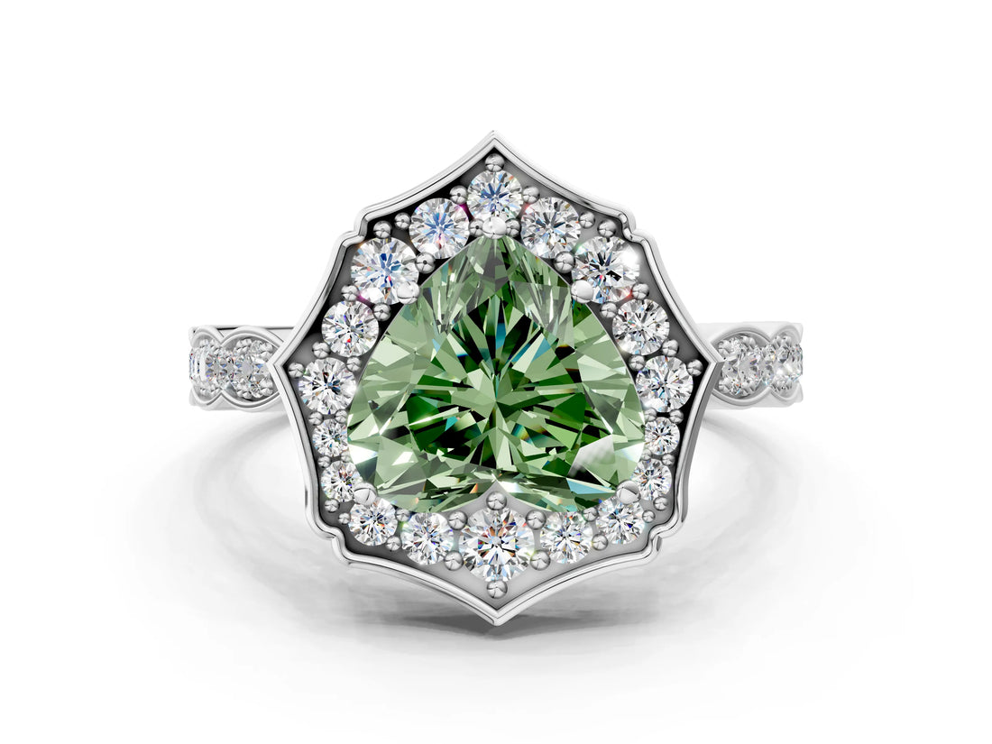 White gold Fancy Green Heart  Halo Diamond Engagement Ring with Milgrain Band and Four-Prong Setting_41