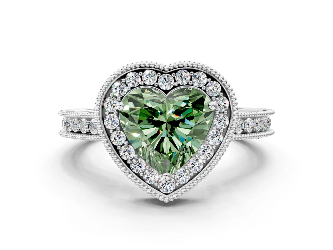 White gold Fancy Green Heart  Halo Diamond Engagement Ring with Milgrain Pave Band and Four-Prong Setting_81