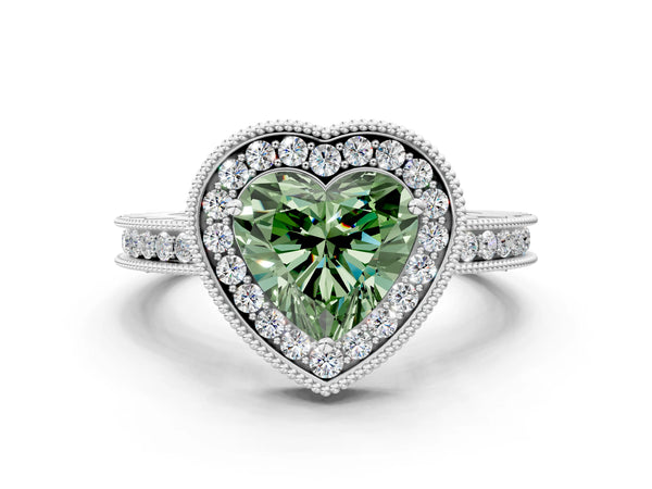 White gold Fancy Green Heart  Halo Diamond Engagement Ring with Milgrain Pave Band and Four-Prong Setting
