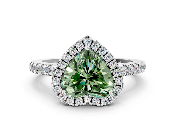 Platinum Fancy Green Heart  Halo Diamond Engagement Ring with Pavé Band and Four-Prong Setting