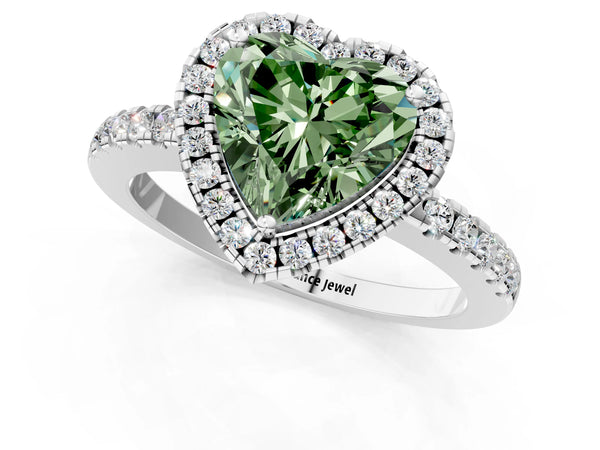 Platinum Fancy Green Heart  Halo Diamond Engagement Ring with Pavé Band and Four-Prong Setting