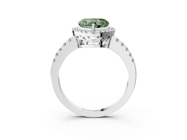 Platinum Fancy Green Heart  Halo Diamond Engagement Ring with Pavé Band and Four-Prong Setting