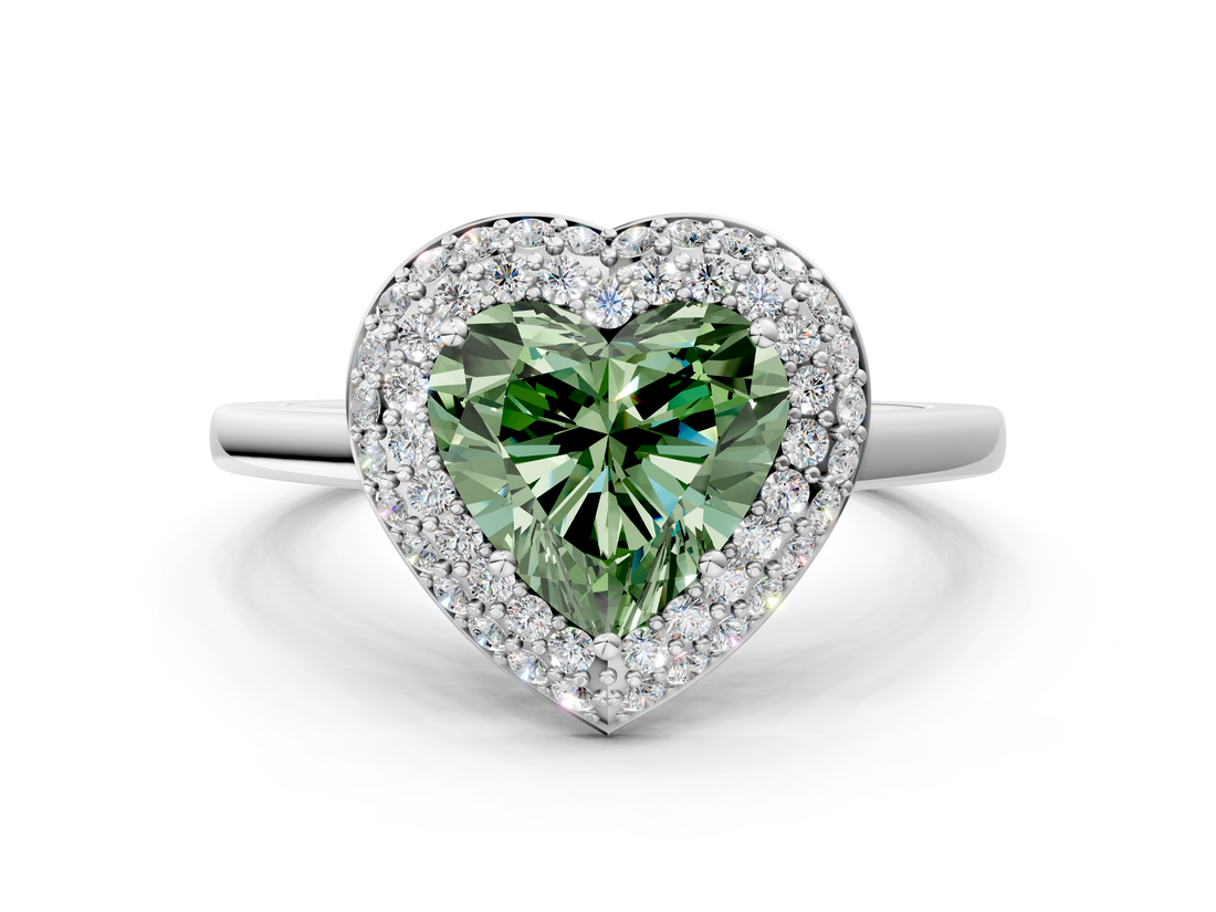 White gold Fancy Green Heart  Halo Diamond Engagement Ring with Solitaire Band and Four-Prong Setting