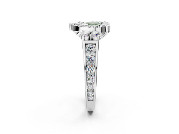 Platinum Fancy Green Heart  Halo Diamond Engagement Ring with Split Shank and Four-Prong Setting