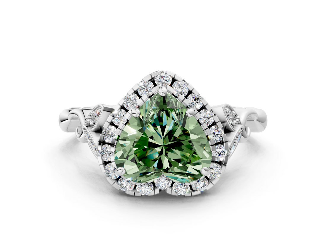 White gold Fancy Green Heart  Halo Diamond Engagement Ring with Vintage-Inspired Band and Four-Prong Setting_3