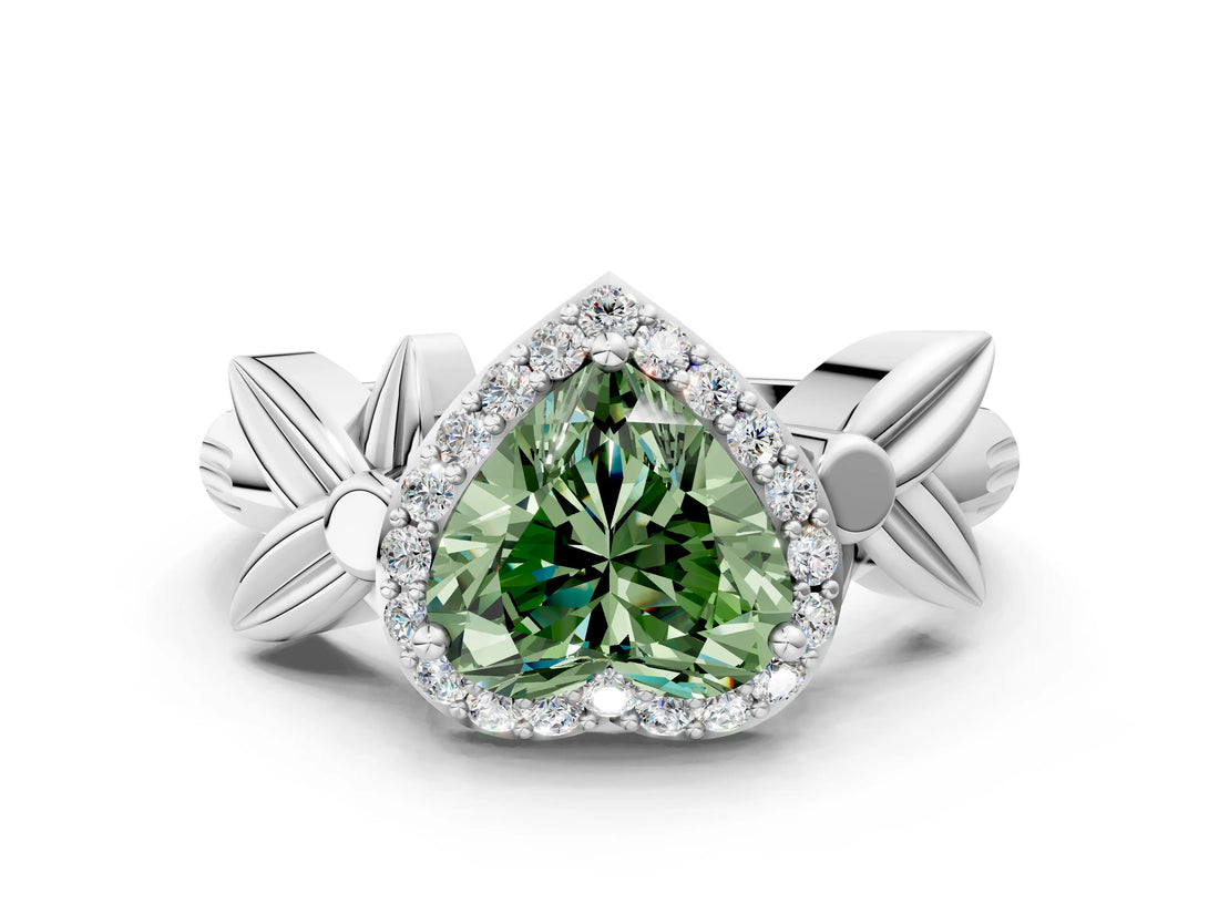 White gold Fancy Green Heart  Halo Diamond Floral Band with Four-Prong Setting_36