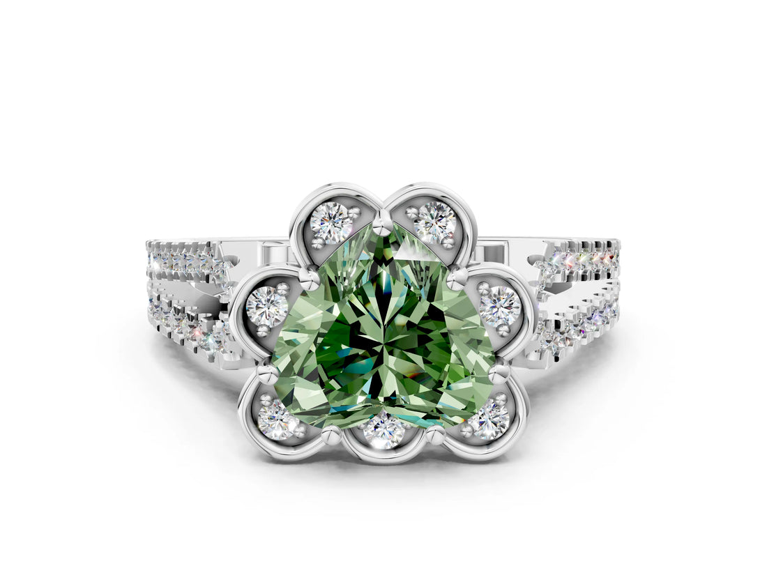 White gold Fancy Green Heart  Halo Diamond Floral Split Shank Engagement Ring 1