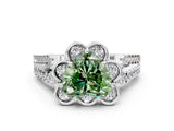 White gold Fancy Green Heart  Halo Diamond Floral Split Shank Engagement Ring 1