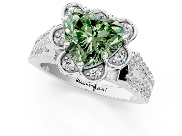 White gold Fancy Green Heart  Halo Diamond Floral Split Shank Engagement Ring