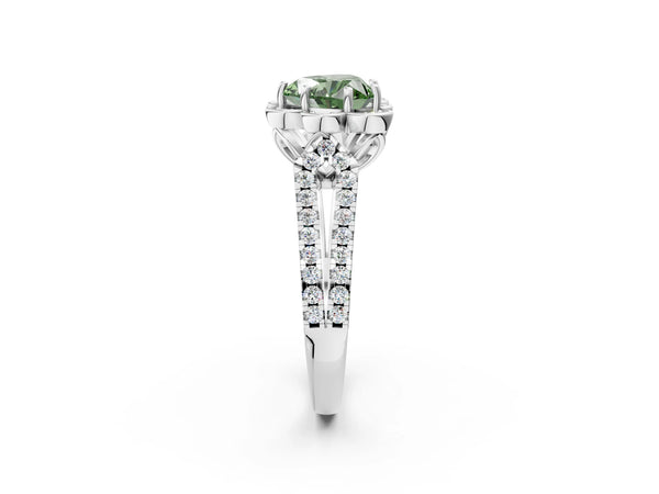 White gold Fancy Green Heart  Halo Diamond Floral Split Shank Engagement Ring