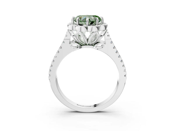 White gold Fancy Green Heart  Halo Diamond Floral Split Shank Engagement Ring