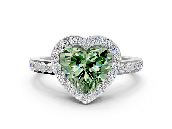 Platinum Fancy Green Heart  Halo Diamond Pavé Band Ring with Prong Setting