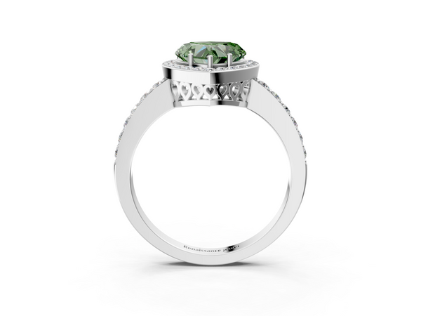 Platinum Fancy Green Heart  Halo Diamond Pavé Band Ring with Prong Setting