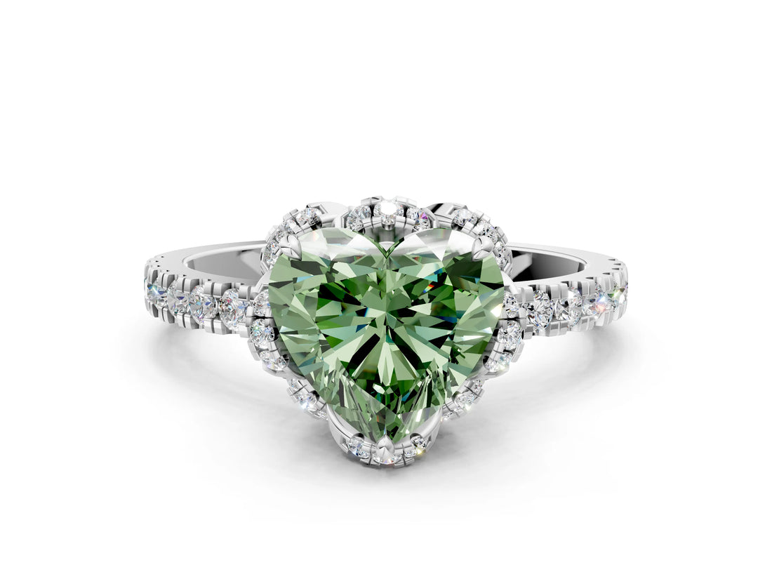 White gold Fancy Green Heart  Halo Diamond Pave Band Ring with Four-Prong Setting_15