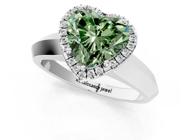 Platinum Fancy Green Heart  Halo Diamond Ring with Cathedral Band and Four-Prong Setting