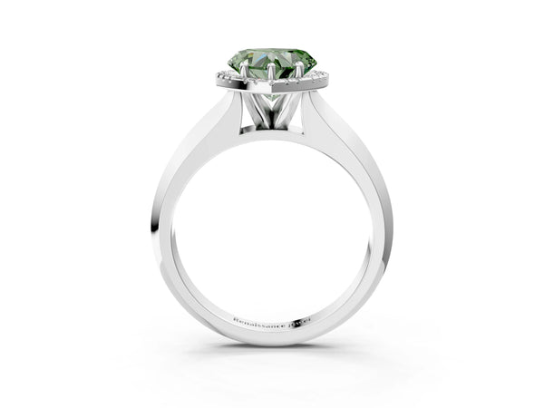Platinum Fancy Green Heart  Halo Diamond Ring with Cathedral Band and Four-Prong Setting
