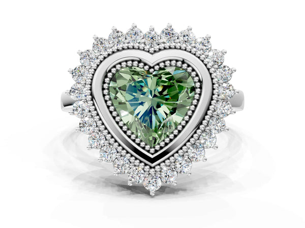Platinum Fancy Green Heart  Halo Diamond Ring with Milgrain Edge and Round Prong Setting