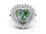 White gold Fancy Green Heart  Halo Diamond Ring with Milgrain Edge and Round Prong Setting_35