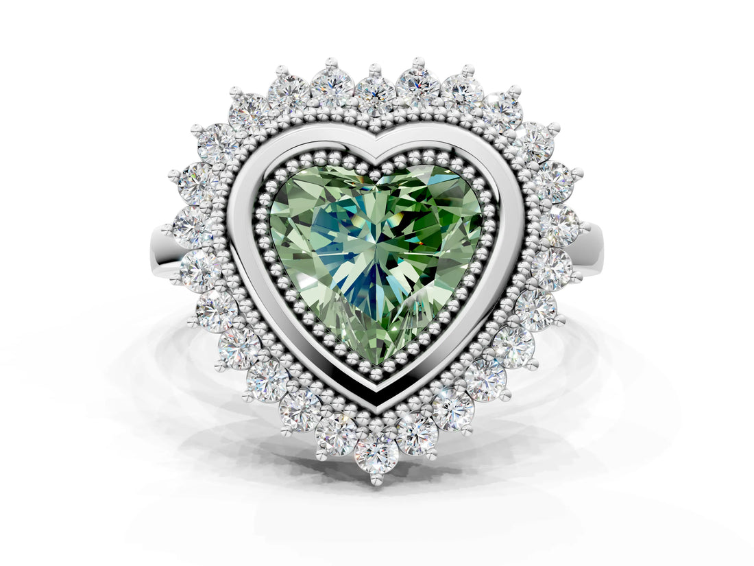 White gold Fancy Green Heart  Halo Diamond Ring with Milgrain Edge and Round Prong Setting_35