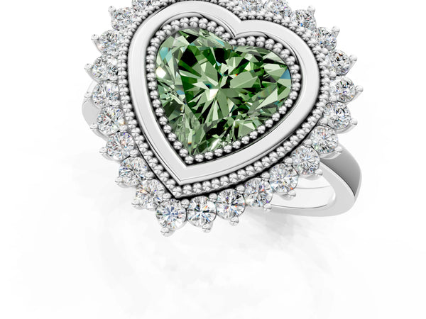 Platinum Fancy Green Heart  Halo Diamond Ring with Milgrain Edge and Round Prong Setting