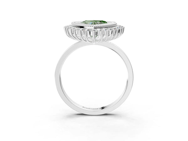 Platinum Fancy Green Heart  Halo Diamond Ring with Milgrain Edge and Round Prong Setting