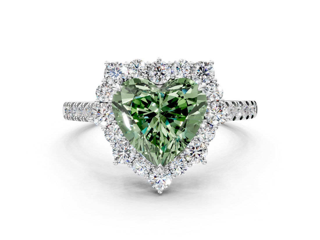 White gold Fancy Green Heart  Halo Diamond Ring with Pavé Band and Prong Setting
