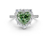 White gold Fancy Green Heart  Halo Diamond Ring with Pavé Band and Prong Setting